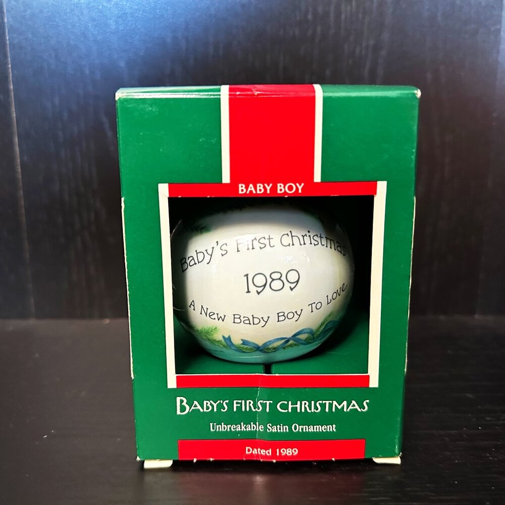 Hallmark Keepsake Baby's First Christmas Baby Boy Satin Ball Ornament 1989 Santa